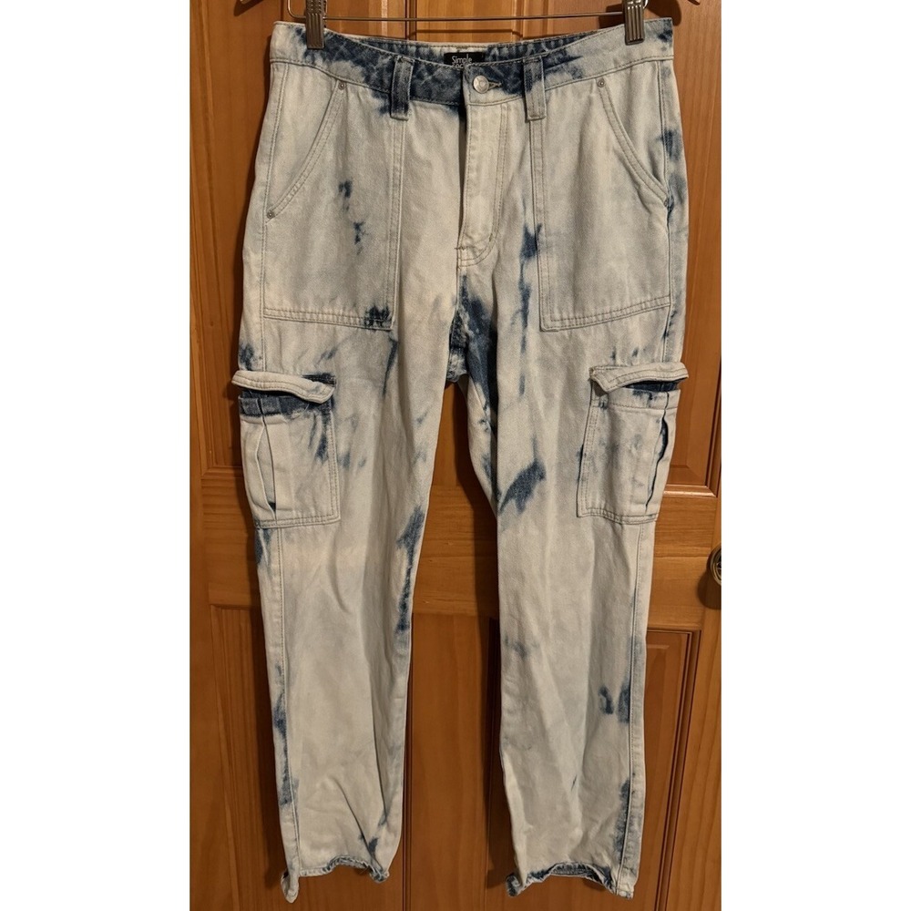 Simple‎ Society Super High Rise Baggy Acid Wash Cargo Mom Jeans Bleached 9/29